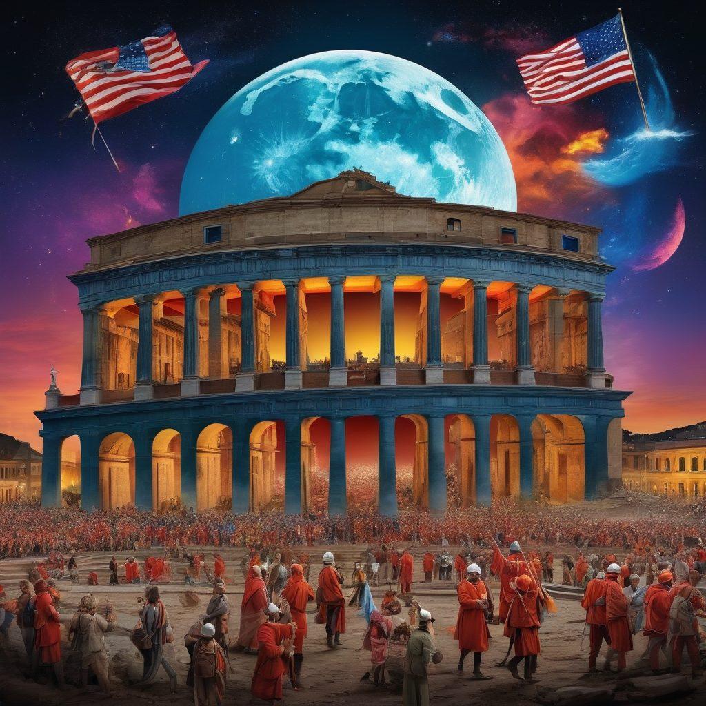 A vivid collage of historical events featuring an ancient Roman coliseum, the signing of the Declaration of Independence, the moon landing, and the fall of the Berlin Wall. Each event is visually interconnected through a dynamic, flowing timeline. Use vibrant colors and emphasize landmarks and significant figures. super-realistic. vibrant colors.