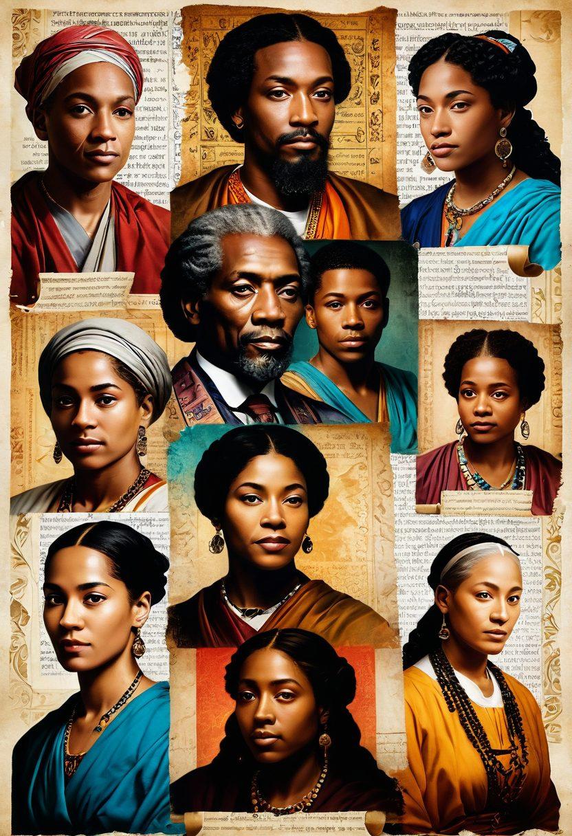 A collage of diverse historical figures, including unsung heroes and iconic personalities, each depicted with symbolic elements that represent their contributions. The background features an ancient scroll with faded text, and the forefront showcases vivid portraits blending seamlessly into each other. super-realistic. vibrant colors. historical aesthetic.